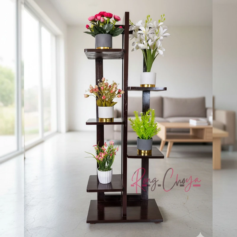 Mahogany wooden plant stand with flowers - Tetul Beechi Color