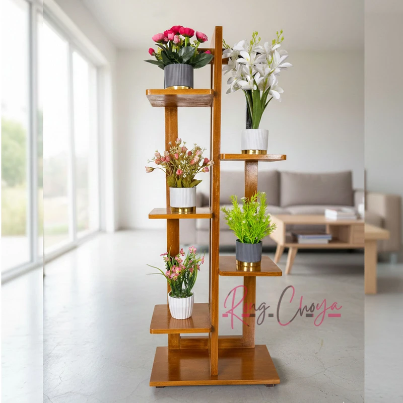 Mahogany wooden plant stand with flowers - Wood Color