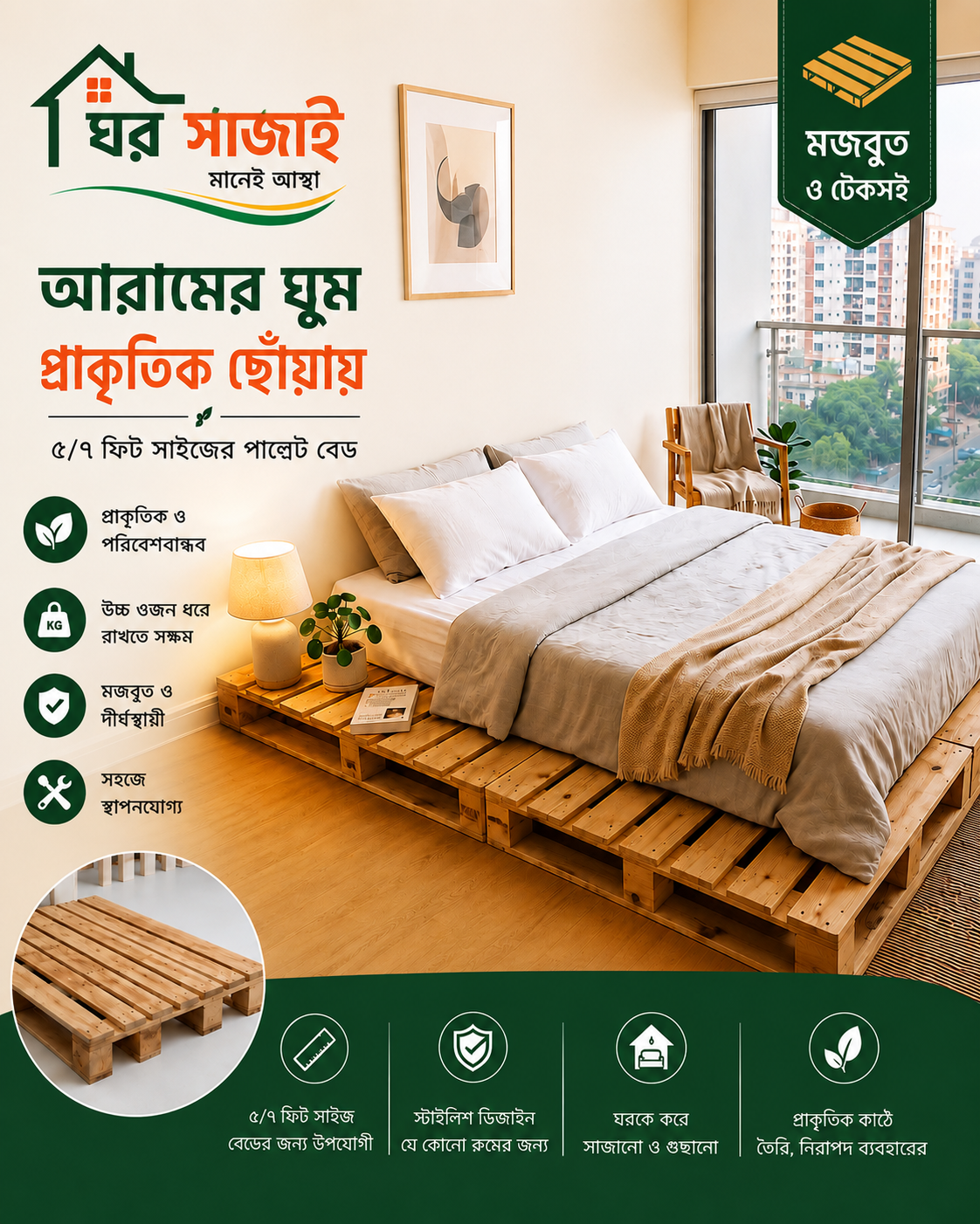 প্রিমিয়াম 6/7 ফিট প্যালেট বেড — মজবুত, স্টাইলিশ ও টেকসই